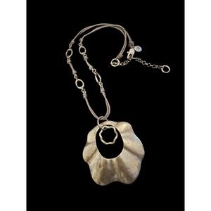 Signed Bella Uno Wavy Disc Necklace Matte Silver Tone Gray Chord Beach Jewelry